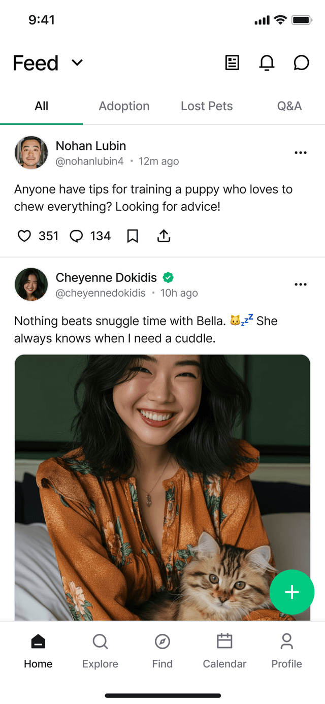The Flaffy feed showing nearby pet posts